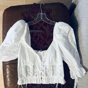For Love And Lemons White Cropped Blouse with Puff Sleeves